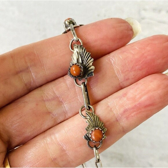 Delicate Feather Link Coral Cabochon Links Sterling Silver Bracelet Southwestern - Picture 2 of 4